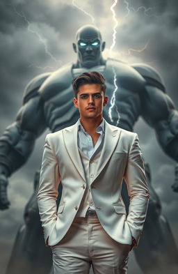 A 25-year-old handsome man dressed in a stylish white suit, standing confidently in the foreground