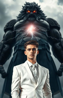 A 25-year-old handsome man dressed in a stylish white suit, standing confidently in the foreground