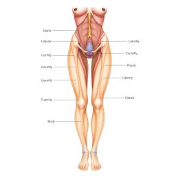 A detailed and scientific illustration of the human female anatomy focusing on the clitoris, highlighting its structure and surrounding tissues