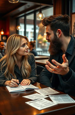 A blonde girl writing letters at a stylish café, looking thoughtfully at a tall man with a sexy beard sitting across from her