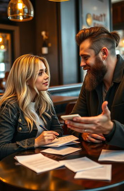 A blonde girl writing letters at a stylish café, looking thoughtfully at a tall man with a sexy beard sitting across from her