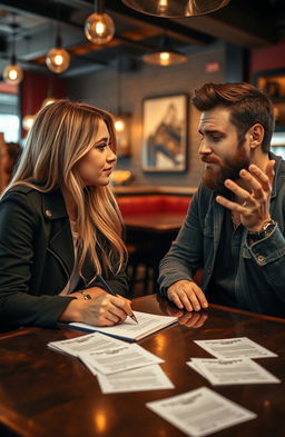 A blonde girl writing letters at a stylish café, looking thoughtfully at a tall man with a sexy beard sitting across from her