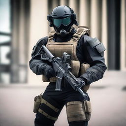 A tactical military soldier, garbed in a stealthy, advanced combat suit, poised for action with a determined gaze and ready for any mission