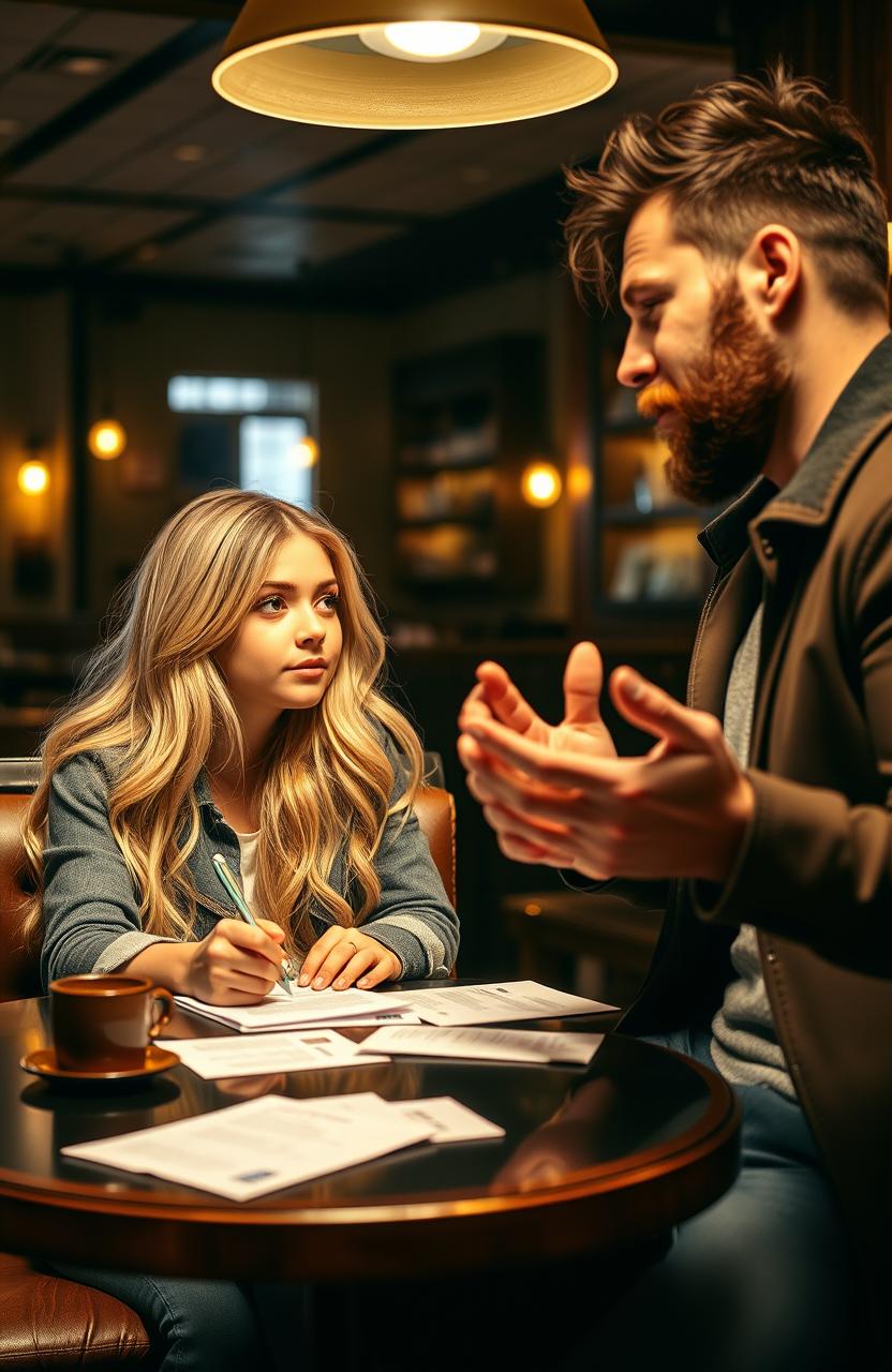 A blonde girl writing letters at a stylish café, looking thoughtfully at a tall man with a sexy beard sitting across from her