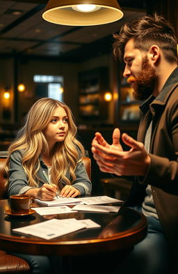 A blonde girl writing letters at a stylish café, looking thoughtfully at a tall man with a sexy beard sitting across from her