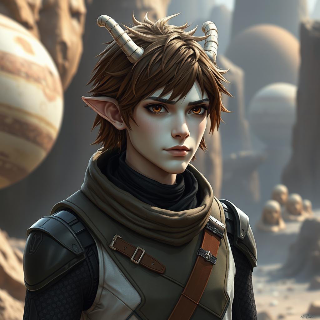 A male Balosar character from the Star Wars universe with brown hair and pale skin, featuring unique skin antennas on his head