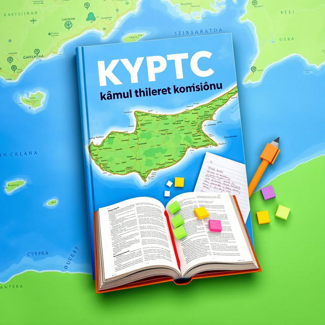 A dynamic book cover design featuring a vivid and detailed map of Cyprus as the background