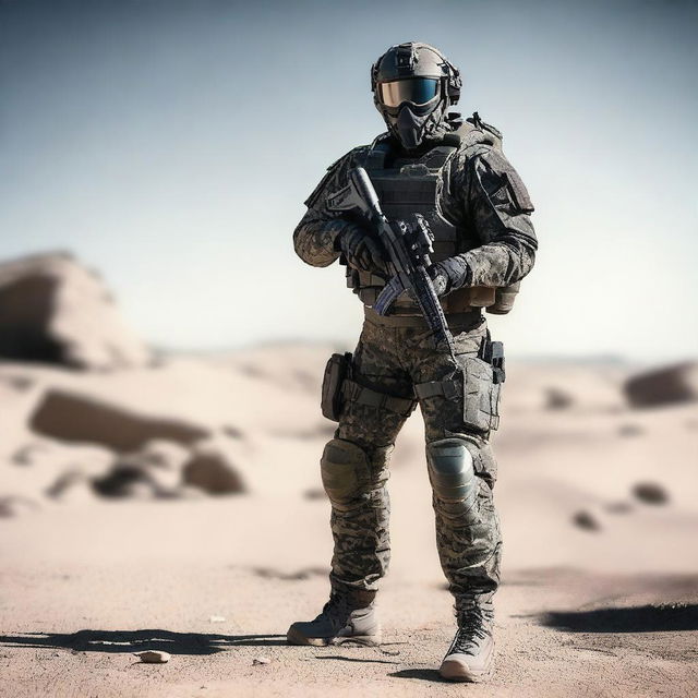 A tactical military soldier, garbed in a stealthy, advanced combat suit, poised for action with a determined gaze and ready for any mission