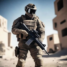 A tactical military soldier, garbed in a stealthy, advanced combat suit, poised for action with a determined gaze and ready for any mission