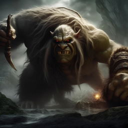 An intense image displaying a massive troll in hot pursuit of Gandalf, the legendary wizard. The troll's threatening size and features are contrasted with Gandalf's determined expression as he brandishes his staff.