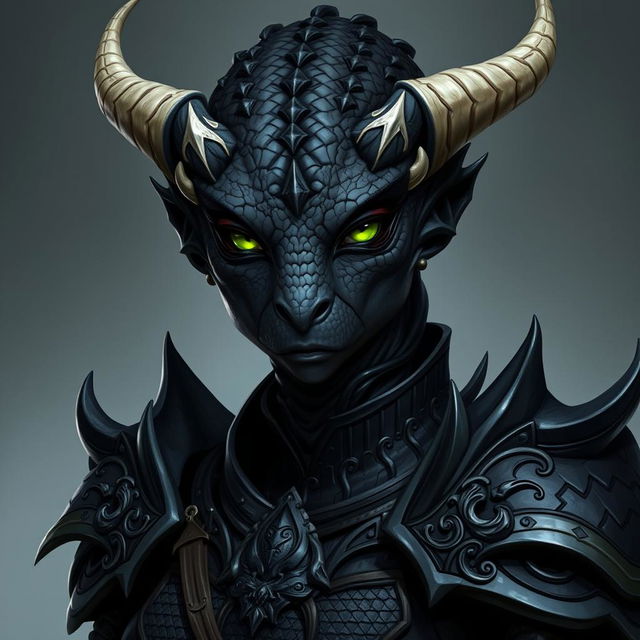 A female black dragonborn character from Dungeons & Dragons 5