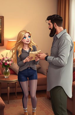 A scene depicting a beautiful blonde girl with blue eyes, named Sarah, handing letters to a tall man with a sexy beard, named John