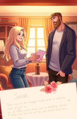 A scene depicting a beautiful blonde girl with blue eyes, named Sarah, handing letters to a tall man with a sexy beard, named John