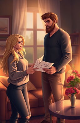 A scene depicting a beautiful blonde girl with blue eyes, named Sarah, handing letters to a tall man with a sexy beard, named John