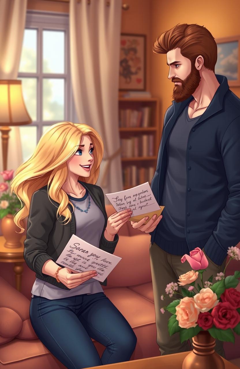 A scene depicting a beautiful blonde girl with blue eyes, named Sarah, handing letters to a tall man with a sexy beard, named John