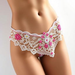 A close-up of a stylish, colorful thong on a pristine white background, showcasing intricate lace and delicate embroidery