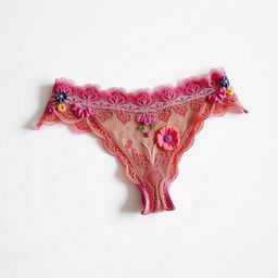 A close-up of a stylish, colorful thong on a pristine white background, showcasing intricate lace and delicate embroidery