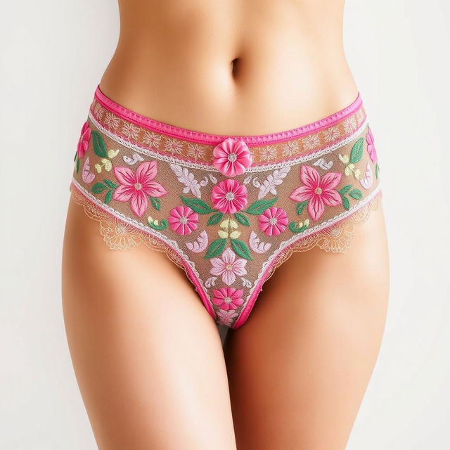 A close-up of a stylish, colorful thong on a pristine white background, showcasing intricate lace and delicate embroidery