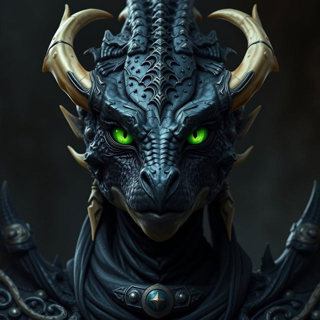 A female black dragonborn character from Dungeons & Dragons, featuring a reptilian face without any human characteristics