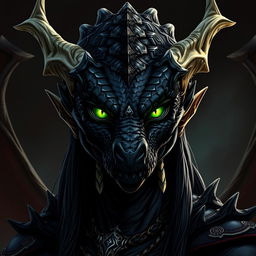 A female black dragonborn character from Dungeons & Dragons, featuring a reptilian face without any human characteristics