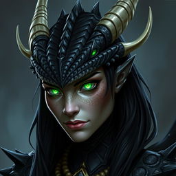 A female black dragonborn character from Dungeons & Dragons, featuring a reptilian face without any human characteristics