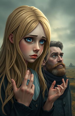 A scene depicting a poignant moment between a girl with blonde hair and blue eyes, expressing deep sadness