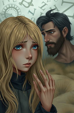 A scene depicting a poignant moment between a girl with blonde hair and blue eyes, expressing deep sadness
