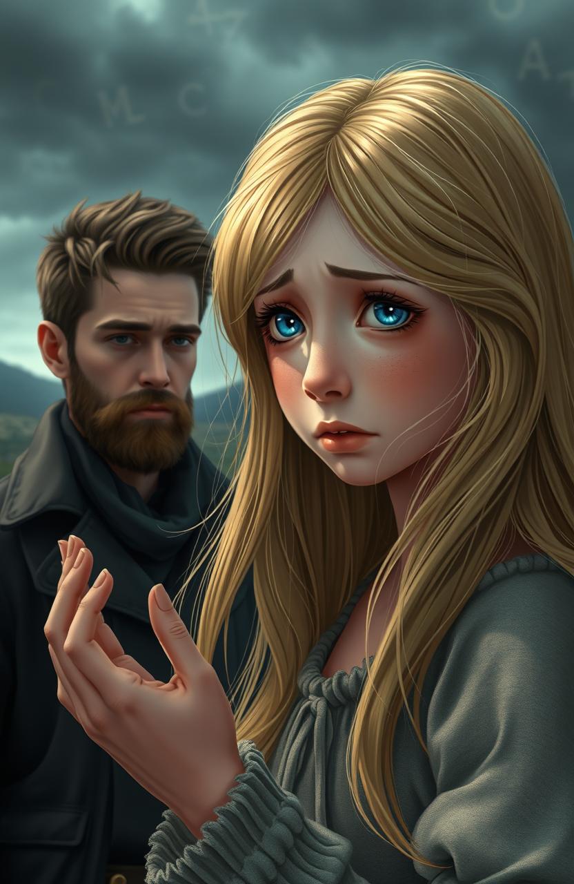 A scene depicting a poignant moment between a girl with blonde hair and blue eyes, expressing deep sadness