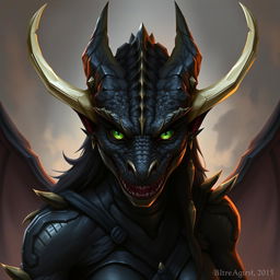 A female black dragonborn character from Dungeons & Dragons, embodying a fierce and powerful presence