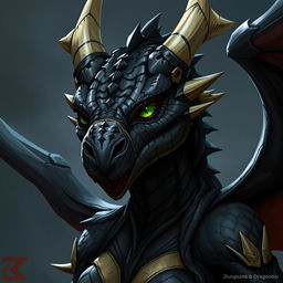 A female black dragonborn character from Dungeons & Dragons, embodying a fierce and powerful presence
