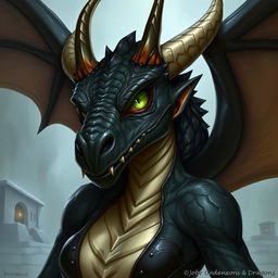 A female black dragonborn character from Dungeons & Dragons, embodying a fierce and powerful presence