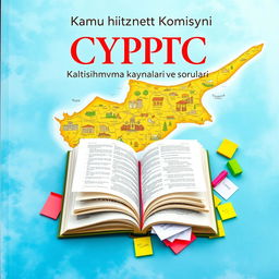 An artistic book cover design that prominently features a detailed and colorful map of Cyprus as the background