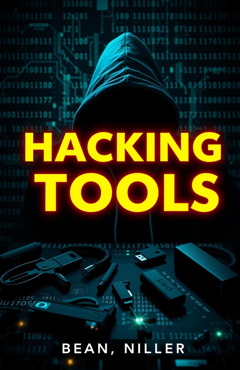 An eBook cover design titled 'Hacking Tools' featuring an aesthetic of a dark and mysterious ambiance