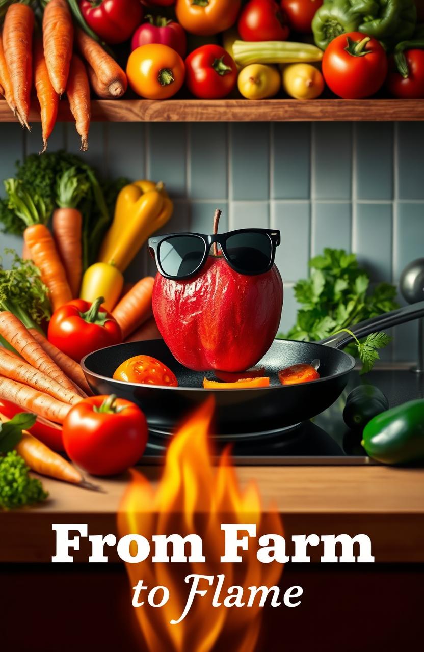 A vibrant and playful kitchen scene filled with fresh vegetables like carrots, bell peppers, and tomatoes, all arranged artfully around a sizzling frying pan