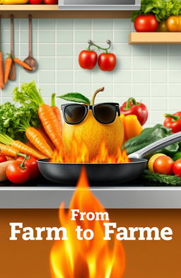 A vibrant and playful kitchen scene filled with fresh vegetables like carrots, bell peppers, and tomatoes, all arranged artfully around a sizzling frying pan