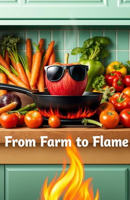 A vibrant and playful kitchen scene filled with fresh vegetables like carrots, bell peppers, and tomatoes, all arranged artfully around a sizzling frying pan