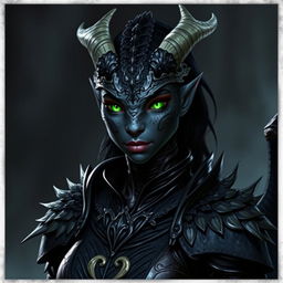 A female black dragonborn character from Dungeons & Dragons 5