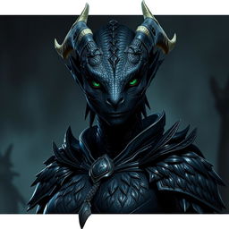 A female black dragonborn character from Dungeons & Dragons 5