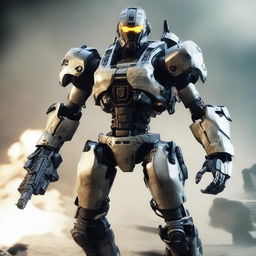 A robotic warrior from Call of Duty, armed with advanced weaponry and encased in futuristic armor, prepared for the heat of battle