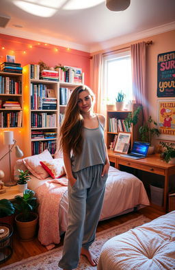 A young woman in her cozy, stylish bedroom