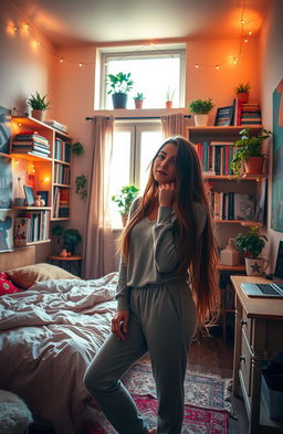 A young woman in her cozy, stylish bedroom