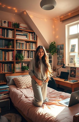 A young woman in her cozy, stylish bedroom