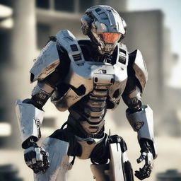 A robotic warrior from Call of Duty, armed with advanced weaponry and encased in futuristic armor, prepared for the heat of battle