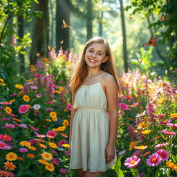 A joyful teenage girl standing in a vibrant forest surrounded by a multitude of colorful flowers and lush green plants