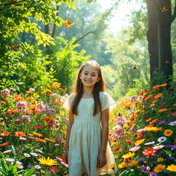 A joyful teenage girl standing in a vibrant forest surrounded by a multitude of colorful flowers and lush green plants