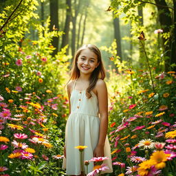 A joyful teenage girl standing in a vibrant forest surrounded by a multitude of colorful flowers and lush green plants