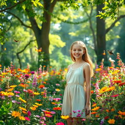 A joyful teenage girl standing in a vibrant forest surrounded by a multitude of colorful flowers and lush green plants