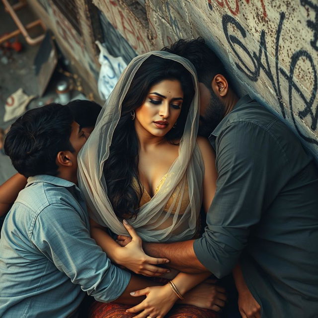 A sultry Indian woman with long hair, wearing a sheer veil, lying against a wall in a slum, surrounded by a group of men expressing affection