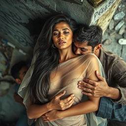A sultry Indian woman with long hair, wearing a sheer veil, lying against a wall in a slum, surrounded by a group of men expressing affection