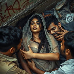 A sultry Indian woman with long hair, wearing a sheer veil, lying against a wall in a slum, surrounded by a group of men expressing affection
